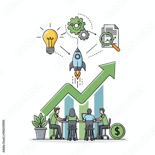 People at table observe rocket launch, upward graph, lightbulb, gears & document