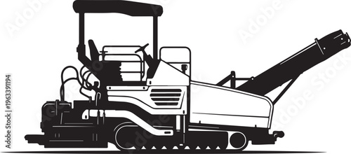 Asphalt paver, road construction equipment, black and white vector, industrial machine, paving vehicle