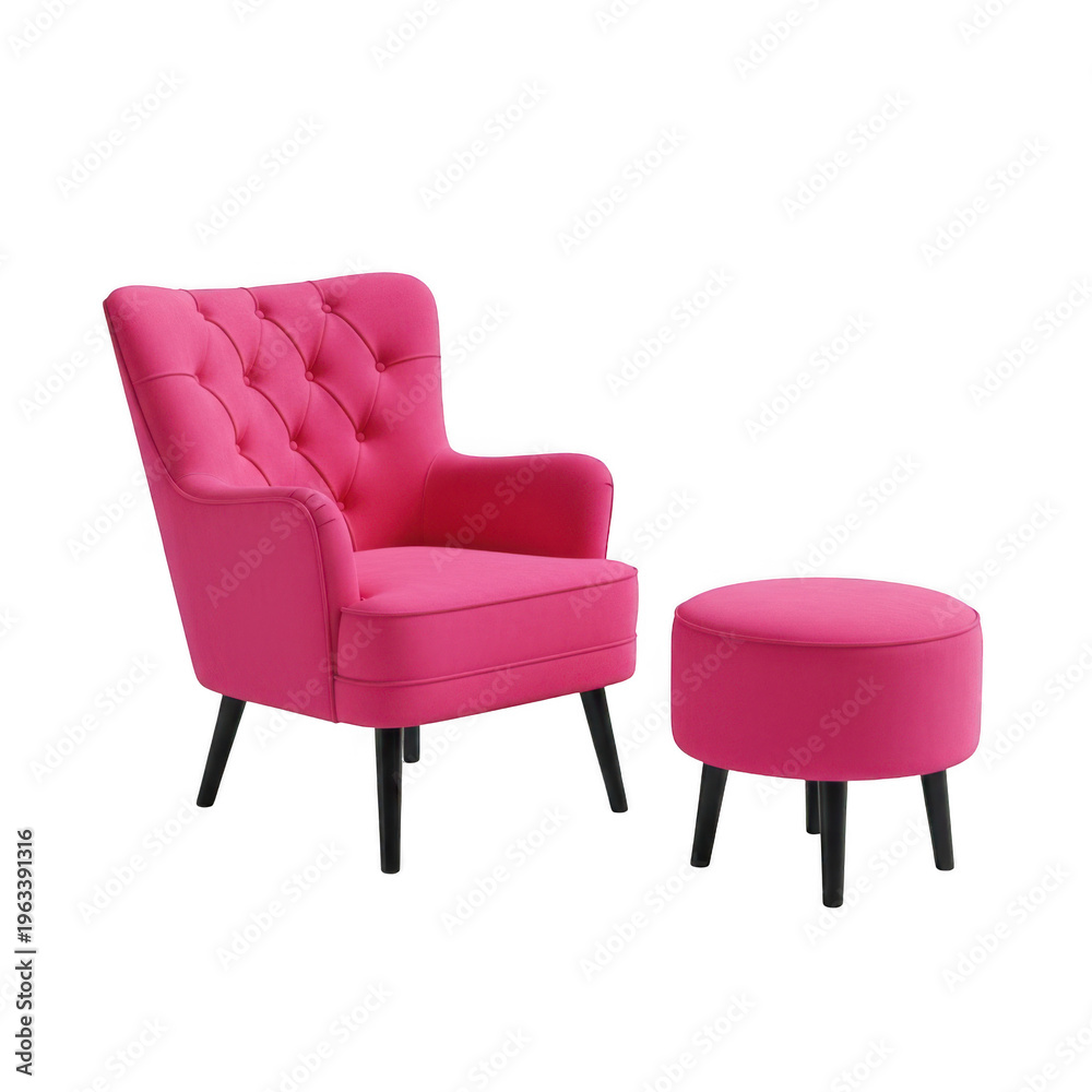 Obraz premium A vibrant fuchsia tufted armchair paired with a matching round footstool for comfortable living room