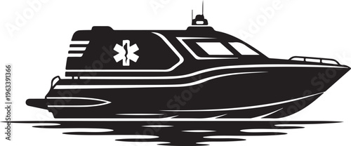 Ambulance boat, medical rescue vessel, black silhouette, vector icon, emergency response