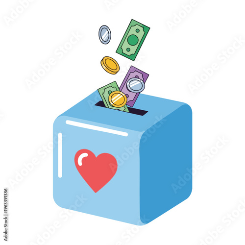 A light blue donation box with a red heart symbol receives falling currency