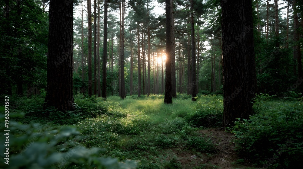 Fototapeta premium Golden hour sunlight filters through the trees in a serene verdant forest clearing