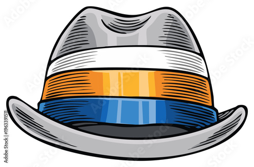 Stylish fedora hat with colorful band featuring white orange and blue stripes