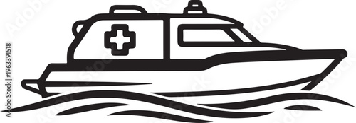 ambulance boat, rescue vessel, medical ship, emergency vehicle, black and white icon