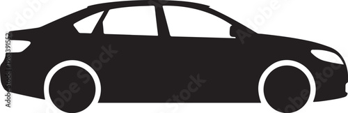 Black car silhouette, vehicle icon, sedan shape, automotive outline