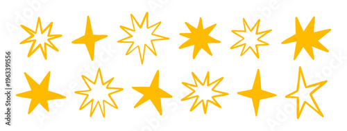 Crayon hand drawn stars, twinkle magic symbols. Shine, spark or light chalk elements. Line art sketch and silhouettes sparkle icons on transparent bg. Doodle gold glitter sparks, vector illustration