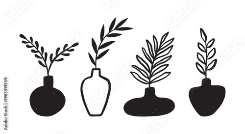 Crayon hand drawn vases of silhouettes and contour. Abstract organic pottery with leaves. Modern ceramic vessels and wine jars in minimalist style. Black vector illustration set for design projects.