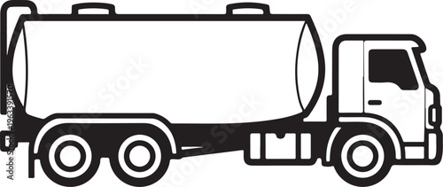 Black and white tanker truck, industrial vehicle icon, transportation illustration, simple line drawing
