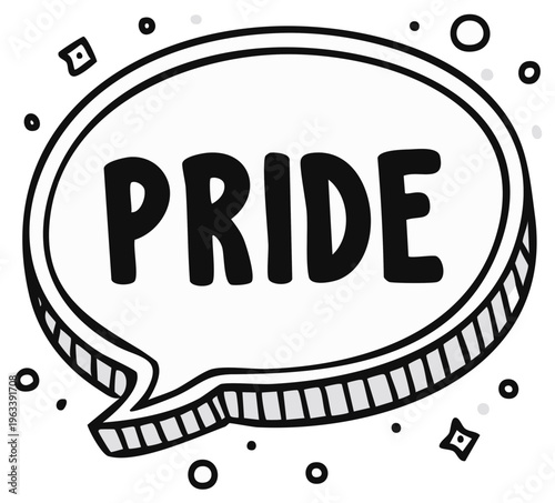 Bold graphic illustration of the word Pride in a speech bubble concept