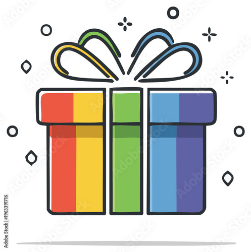 Hand-Drawn Gift Box with Colorful Panels and Ribbon Bow