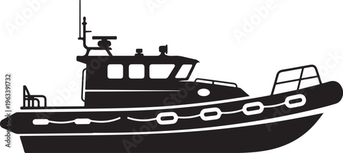 Black boat, vessel silhouette, nautical icon, vector graphic