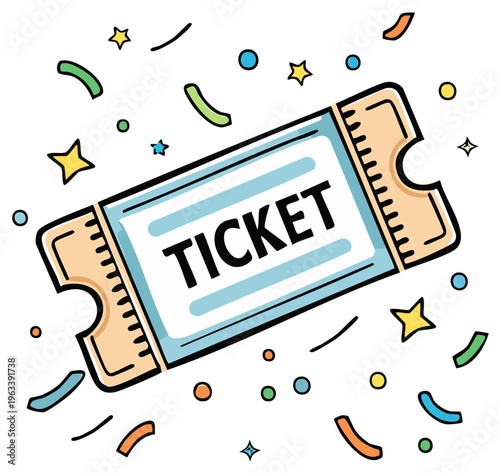 Colorful Ticket Illustration with Confetti Design for Events and Entertainment Admission Pass for Showings or Raffles