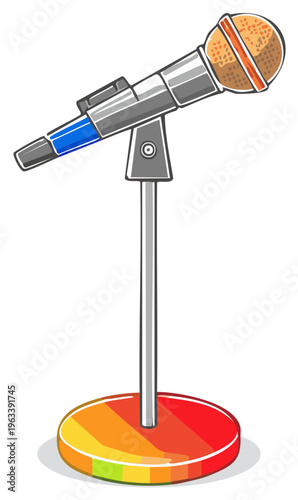 Vibrant cartoon microphone on stand featuring a bright rainbow gradient base for audio concepts.