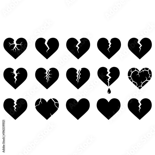 Broken Heart and Sad Relationship Icon Collection with Different Cracking Shapes for Emotional Pain Concept Loneliness Divorce Heartbreak Mental Health Awareness and Sad Romantic Theme Illustration