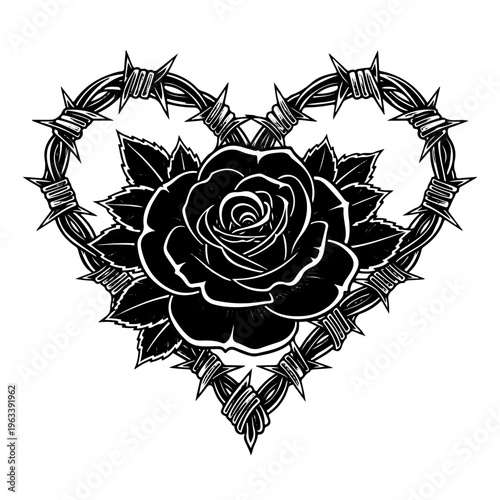 Gothic Style Rose Flower Inside Heart Shaped Barbed Wire Silhouette for Dark Romantic Theme Tattoo Design Emotional Pain Concept Love Metaphor Edgy Fashion Branding and Creative Artistic Illustration
