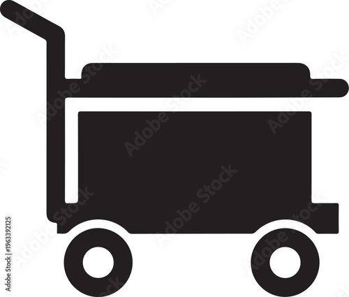 Black cart icon, shopping trolley symbol, wheeled container, service industry logo