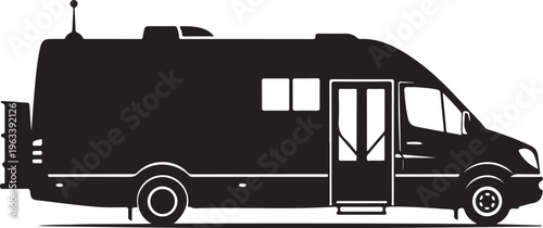 Campervan, motorhome, RV, vehicle silhouette, black, icon, illustration