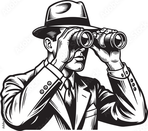 Man Looking Through Binoculars – Detective Surveillance Vintage Engraving Illustration.
