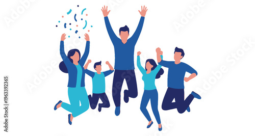 Family Celebrating Joyful Success Jumping With Confetti In Air Flat Design Illustration