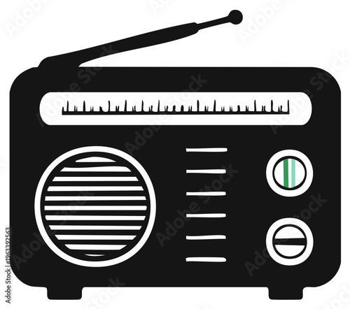 Retro radio receiver with antenna and tuning dial graphic illustration