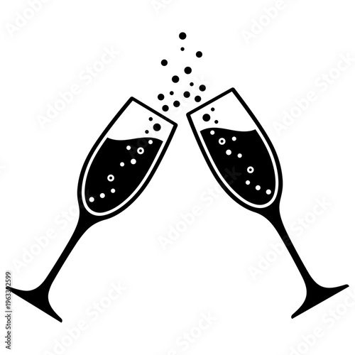 A black and white image of two champagne glasses isolated on transparent background, Vector