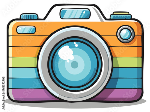 Playful Cartoon Camera with Rainbow Stripes and Retro Style