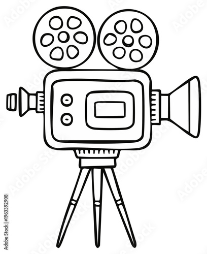 Vintage style film camera with reels and tripod stand detailed line art illustration for film making concept projects