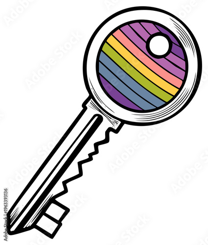 Whimsical hand-drawn key with colorful rainbow stripes hinting at inclusivity, safety, access, and pride