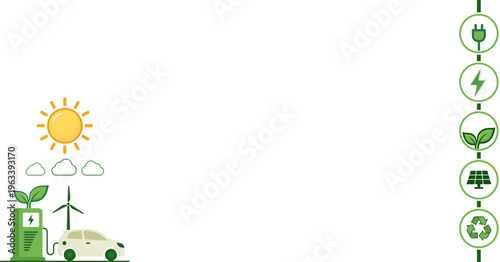 4K eco energy vector with EV charging station, solar, wind, recycle, and green mobility symbols