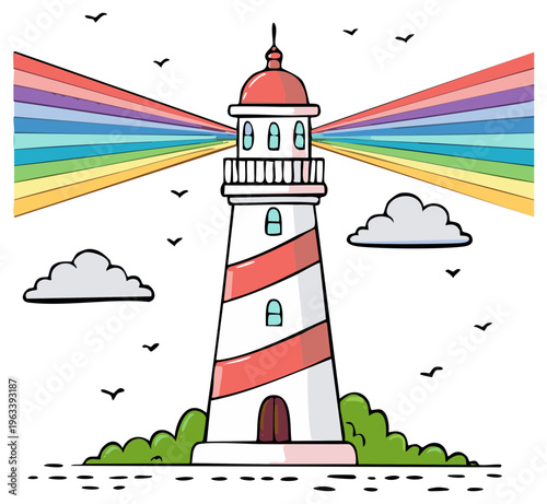 Whimsical lighthouse beaming a rainbow colored light with clouds and birds in a cartoon style