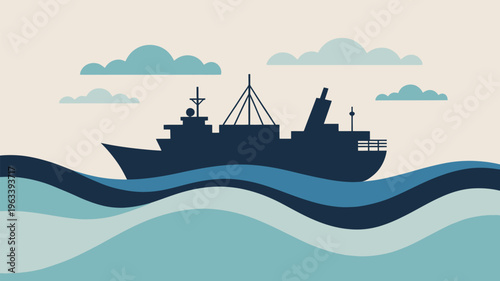A dark silhouette of a ship sailing on blue wavy waters with clouds
