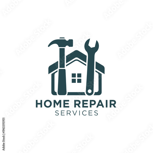 Home repair services logo with house hammer and wrench icons for handyman and contractor company.