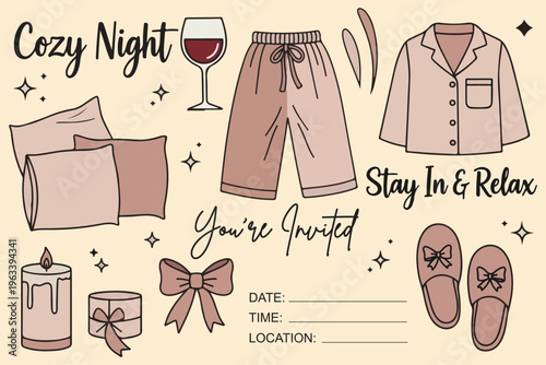 Pajama Party Chic Girls Night Sleepover Invitation Template Set, Illustration Cartoon Collection