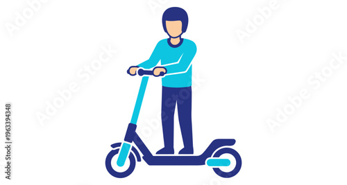 Person Riding Electric Scooter with Helmet Urban Commute Minimalist Flat Design Style