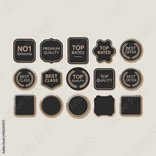 A collection of black and gold quality labels and stickers silhouette