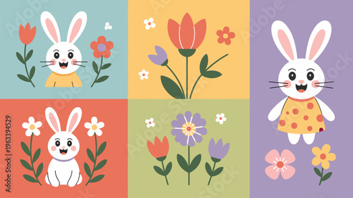 A charming illustration featuring cute bunnies and colorful spring flowers in panels