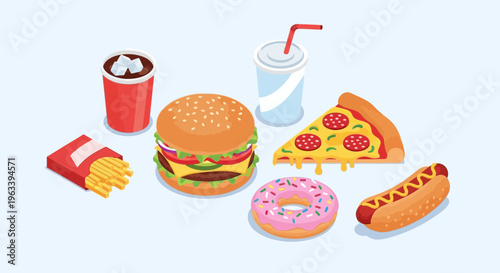 Assortment of delicious fast food items arranged together.