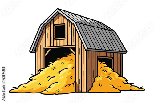 Rural barn building vector with large pile of golden hay for harvest storage.