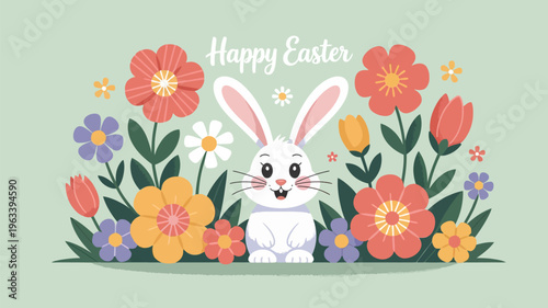 Happy easter illustration featuring a white bunny surrounded by colorful spring flowers