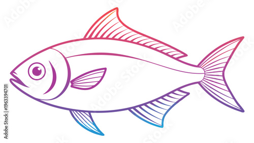 Outline illustration of a stylized fish with rainbow gradient on fins and body, a fun graphic for food, ocean, or aquatic themes, sea life, white background, hand drawn, digital art