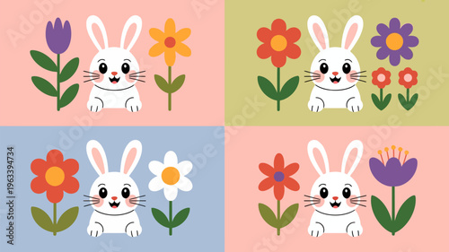 Cute bunnies among colorful spring flowers in a patterned grid design