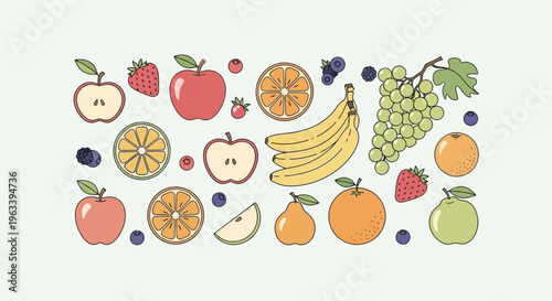 Assortment of Fresh Fruits Displayed in a Lively Pattern.