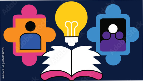 Abstract illustration for education and knowledge with book lightbulb and puzzle piece icons