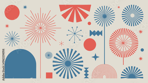 A vibrant mid century modern illustration featuring colorful abstract shapes and fireworks