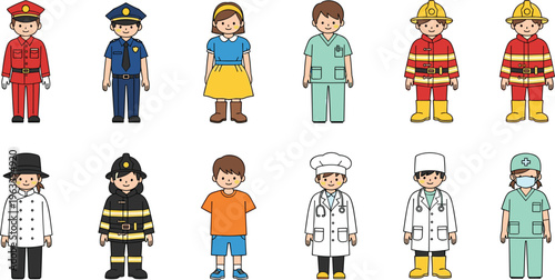 Cartoon Character Icon Set Featuring Children Dressed in Various Occupation Uniforms for Websites, Apps, and Digital Media