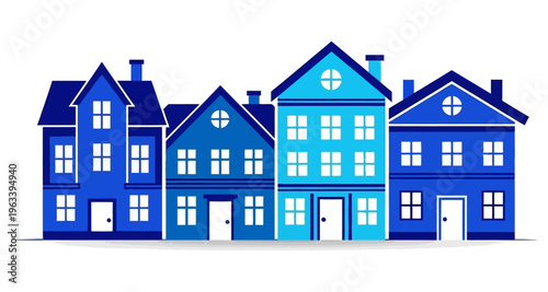 Row of Blue Houses on White Background Minimalist Flat Design Illustration