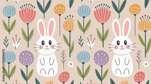 A charming seamless pattern of bunnies flowers and colorful easter eggs