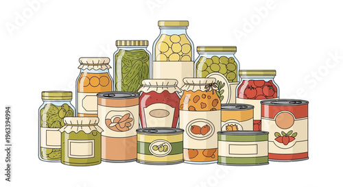 Assortment of Preserved Foods in Jars and Cans.