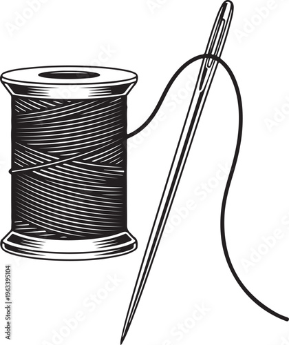 Vintage sewing needle and thread spool illustration, hand drawn engraving style, A Spool of Thread Sewing Equipment in Vintage Black and White Outline Line Art Drawing Engraving Style.