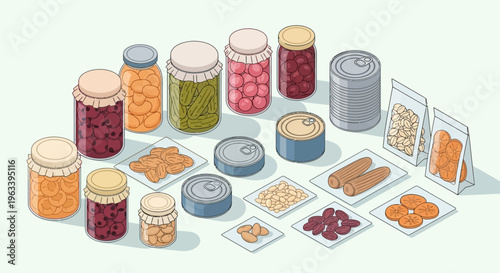 Assortment of Preserved Foods in Jars Cans and Pouches.